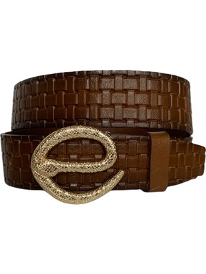 GoDeri Deri Gold Yılan Tokalı Kahverengi Kadın Kot Kemeri 4 cm