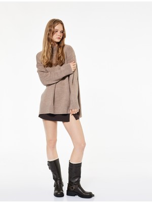 Koton Uzun Kollu Dik Yaka Yırtmaç Detaylı Oversize Triko Tunik