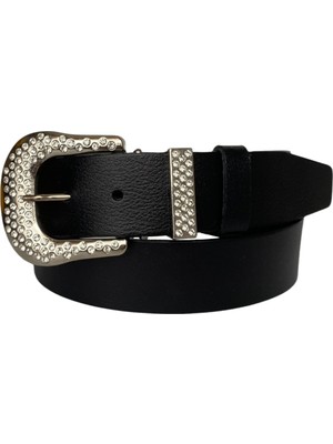 GoDeri  Hakiki Deri, Gümüş Taşlı Tokalı, Metal Taşlı Köprülü Siyah Kadın Kot Kemeri 4 cm