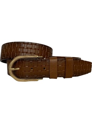 GoDeri Deri Gold Tokalı Kahverengi Kadın Kot Kemeri 4 cm