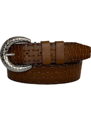 GoDeri Deri Gümüş Tokalı Kahverengi Kadın Kot Kemeri 4 cm