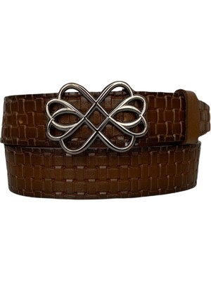 GoDeri Deri Gümüş Tokalı Kahverengi Kadın Kot Kemeri 4 cm