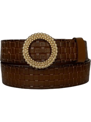 GoDeri Deri Gold Tokalı Kahverengi Kadın Kot Kemeri 4 cm