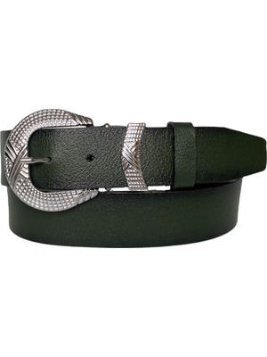 GoDeri  Hakiki Deri, Gümüş Tokalı, Metal Köprülü Yeşil Kadın Kot Kemeri 4 cm