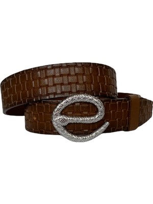 GoDeri Deri Gümüş Yılan Tokalı Kahverengi Kadın Kot Kemeri 4 cm