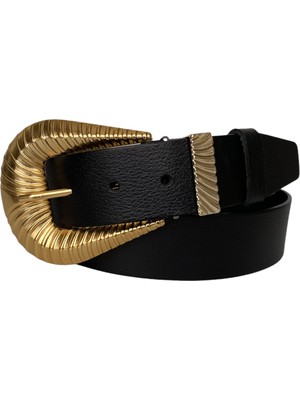 GoDeri Deri Büyük Gold Tokalı Metal Köprülü Siyah Kadın Kot Kemeri 4 cm