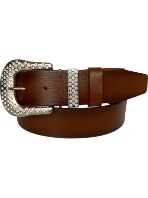 GoDeri Deri Gümüş Taşlı Tokalı Metal Taşlı Köprülü Kahverengi Kadın Kot Kemeri 4 cm