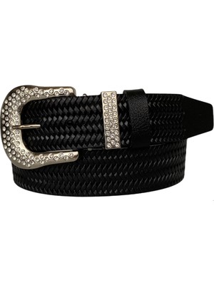 GoDeri Deri Gümüş Taşlı Tokalı Metal Taşlı Köprülü Siyah Kadın Kot Kemeri 4 cm