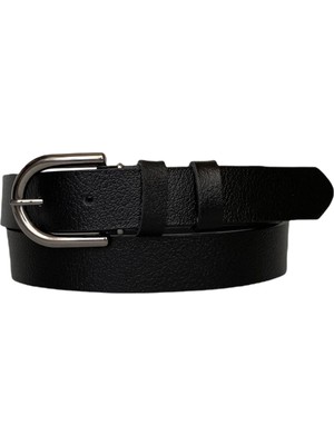 GoDeri  Deri Siyah Nikel Tokalı Siyah Kadın Kemeri, 3cm