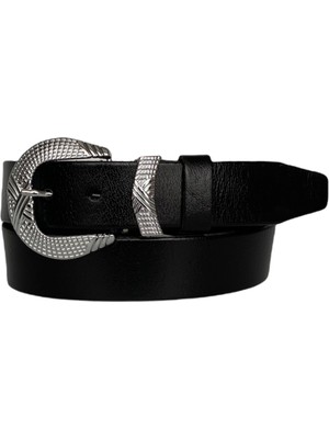 GoDeri Deri Gümüş Tokalı Metal Köprülü Siyah Kadın Kot Kemeri 4 cm