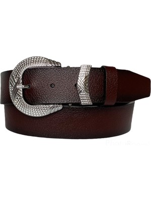 GoDeri Deri Gümüş Tokalı Metal Köprülü Bordo Kadın Kot Kemeri 4 cm
