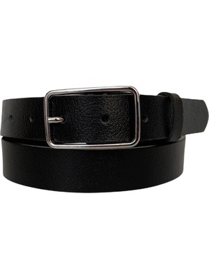 GoDeri  Deri Gümüş Dikdörtgen Tokalı Siyah Kadın Kemeri, 3cm