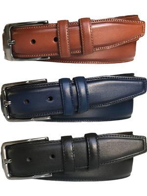 GoDeri  Kaliteli Deri 3'lü Set, Dikişli Klasik Kumaş Pantolon Kemeri; Siyah, Lacivert, Taba 3,5 cm