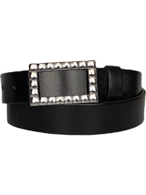 GoDeri  Deri, Gümüş Tokalı Siyah Kadın Kemeri 4 cm