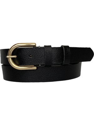 GoDeri  Deri Gold Tokalı Siyah Kadın Kemeri, 3cm
