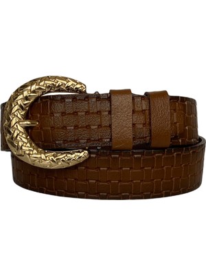 GoDeri Deri Gold Tokalı Kahverengi Kadın Kot Kemeri 4 cm