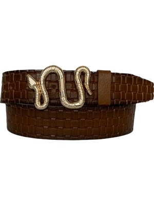 GoDeri Deri Gold Yılan Tokalı Kahverengi Kadın Kot Kemeri 4 cm