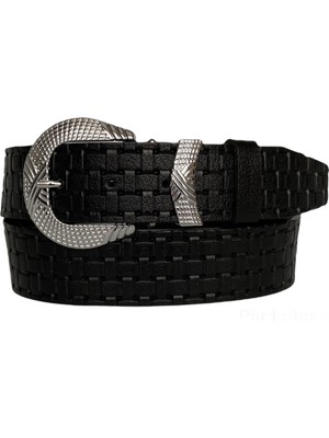 GoDeri Deri Gümüş Tokalı Metal Köprülü Siyah Desenli Kadın Kot Kemeri 4 cm