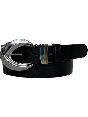 GoDeri  Deri Gümüş Tokalı Siyah Kadın Kemeri, 3cm