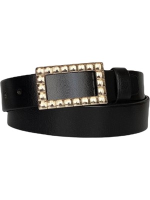 GoDeri  Deri, Gold Tokalı Siyah Kadın Kemeri 4 cm