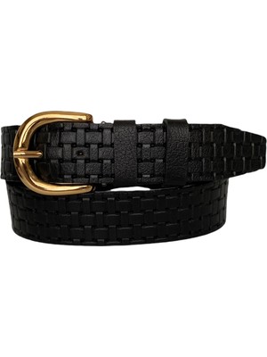 GoDeri  Deri, Gold Tokalı Siyah Desenli Kadın Kemeri 4 cm