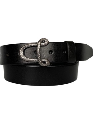 GoDeri  Deri, Gümüş Tokalı Siyah Kadın Kemeri 4 cm