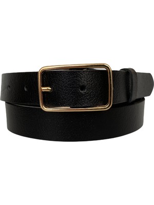 GoDeri  Deri Gold Dikdörtgen Tokalı Siyah Kadın Kemeri, 3cm