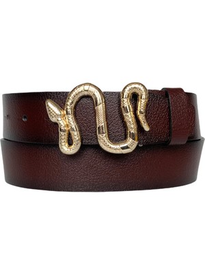 GoDeri  Deri, Gold Yılan Tokalı Bordo Kadın Kot Kemeri 4 cm