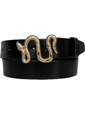 GoDeri Deri, Gold Yılan Tokalı Siyah Kadın Kemeri 4 cm