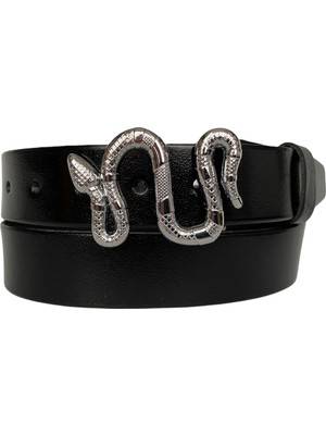 GoDeri  Deri, Gümüş Yılan Tokalı Siyah Kadın Kemeri 4 cm