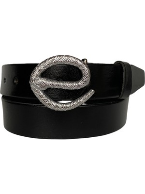 GoDeri Deri, Gümüş Yılan Tokalı Siyah Kadın Kemeri 4 cm