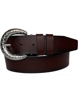 GoDeri  Deri, Gümüş Tokalı Bordo Kadın Kot Kemeri 4 cm