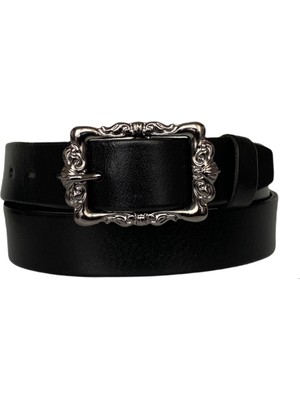 GoDeri  Deri Siyah Nikel Tokalı Kadın Kemeri 4 cm