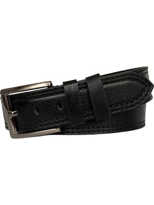 GoDeri  Deri Çift Dikiş Baskı Desenli Premium Siyah Kot Spor Kemer 4.5 cm