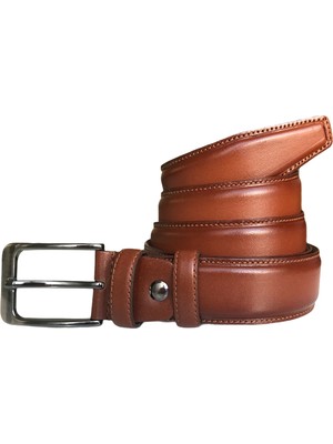 GoDeri Deri Kenarları Dikişli Taba Klasik Kumaş Pantolon Kemeri 3,5 cm