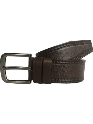 GoDeri Deri Çift Dikiş Desenli Kahverengi Kot Kemeri