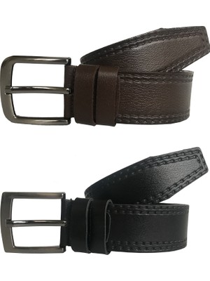 GoDeri Deri 2'li Süper Set Siyah- Kahverengi Kot Kemeri