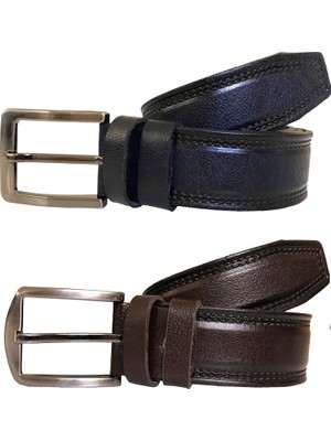 GoDeri  Deri 2'li Desenli Süper Set Kahverengi, Lacivert 4 cm Kemer 