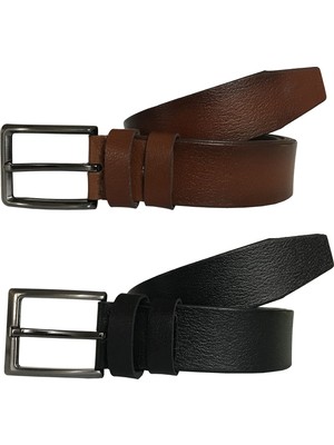 GoDeri Deri 2'li Süper Set Siyah- Taba Kumaş Kemeri 3.5 cm