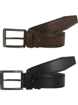 GoDeri Deri 2'li Süper Set Siyah- Taba Kumaş Kemeri 3.5 cm