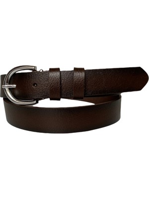 GoDeri  Deri Gümüş Tokalı Koyu Kahverengi Kadın Kemeri, 3cm