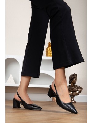 Gökhan Talay Ilya Esnek Yumuşak Kaymaz Taban (4 Cm) Siyah Cilt  Açık Lastikli Kadın Kalın Topuklu Ayakkabı