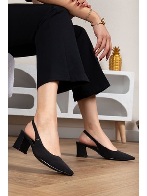 Gökhan Talay Ilya Esnek Yumuşak Kaymaz Taban (4 Cm) Siyah Süet  Açık Lastikli Kadın Kalın Topuklu Ayakkabı