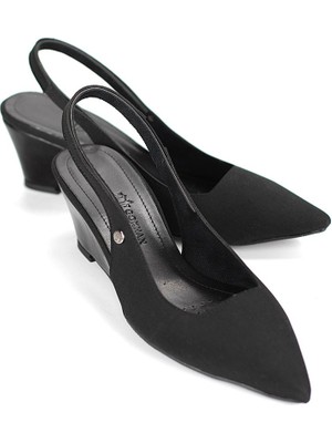 Gökhan Talay Belinda  Esnek Yumuşak Kaymaz Taban (4cm) Siyah Süet  Açık Lastikli Kadın Dolgu Topuklu Ayakkabı