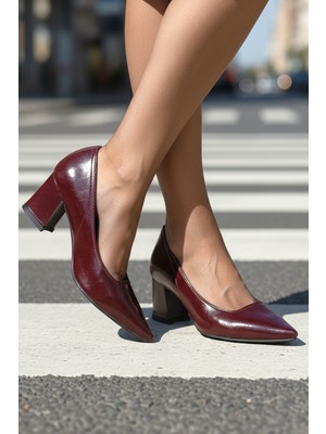 Gökhan Talay Zaneta Esnek Yumuşak Kaymaz Taban (4 Cm) Kadın Kalın Topuk  Bordo Rugan Ayakkabı
