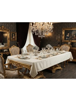 Finezza Kristal Monoray Kumaş Krem Masa Örtüsü Ve Peçeteli Sofra Takımı 8 Kişilik Dikdörtgen 160x220 cm 17 Parça - 566