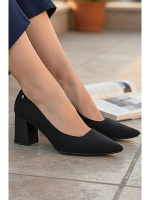 Gökhan Talay Nevra Esnek Yumuşak Kaymaz Taban (7 Cm) Siyah Süet Kadın Kalın Topuklu Ayakkabı