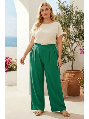 Stil Diva Büyük Beden Pileli Cepli Geniş Paça Esnek Kumaşlı Pantolon 875-V