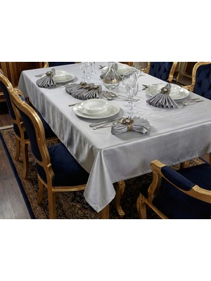 Finezza Kristal Monoray Kumaş Açık Gri Masa Örtüsü ve Pudra Çiçekli Peçeteli Sofra Takımı 8 Kişilik Dikdörtgen 160x220 cm 17 Parça - 727