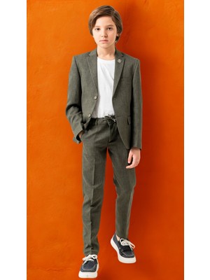 Keten Jogger Erkek Çocuk Takım Elbise – Ceketli Pantolonlu Tişörtlü Yaka Broşlu 4’lü Set